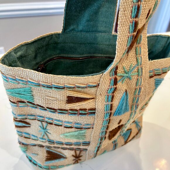 Vintage Jute Market Mini Tote Bag Handmade with Turquoise and Brown Boho Pattern - Picture 4 of 7